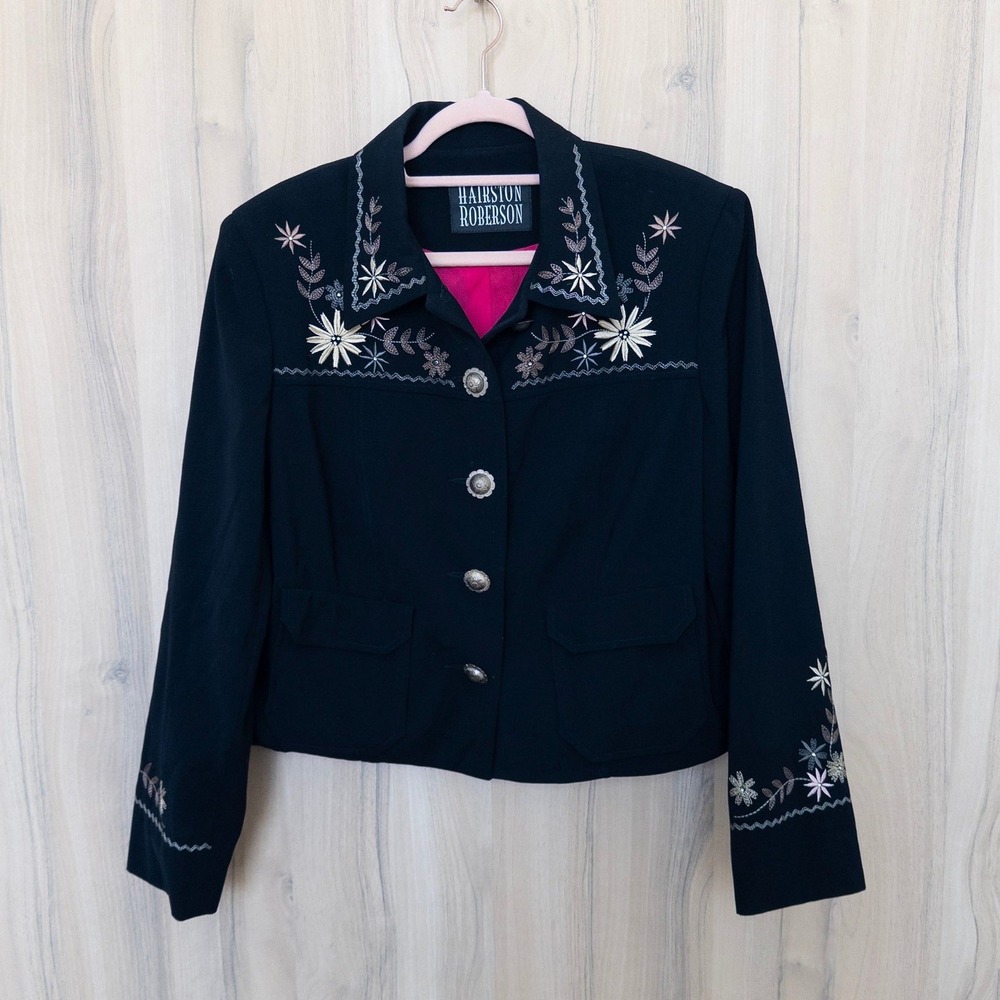 Hairston Roberson Womens Embroidered Jacket Size 12 Black Floral Concho Western